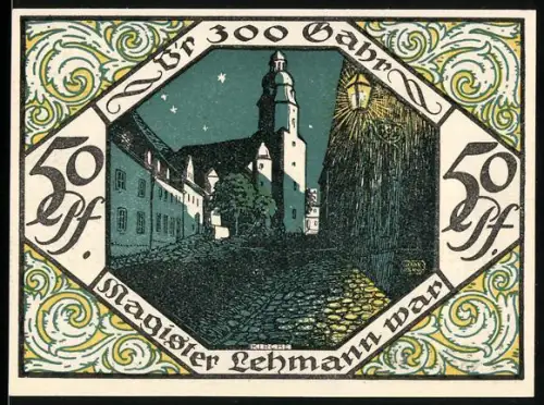 Notgeld Scheibenberg 1921, 50 Pfennig, Ortsansicht und Bergmann mit Hammer und Schlägel
