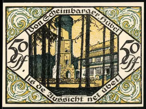 Notgeld Scheibenberg 1921, 50 Pfennig, Aussichtsturm und Bergmann mit Ortsansicht