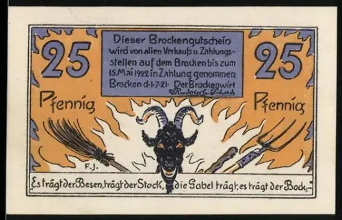 Notgeld Brocken 1921, 25 Pfennig, Hexensabbat mit Besen und Ziegenbock-Motiv