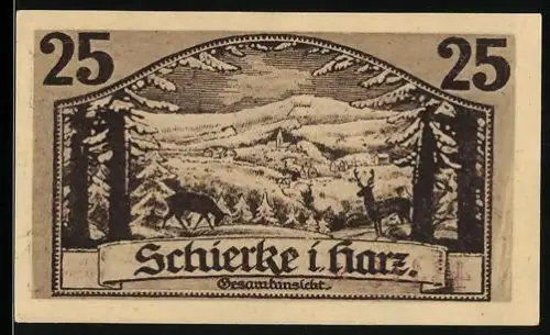 Notgeld Schierke i. Harz 1921, 25 Pfennig, Landschaft mit Hirschen und Goethe-Porträt