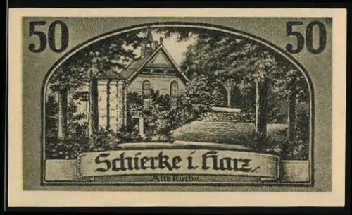 Notgeld Schierke i. Harz 1921, 50 Pfennig, Alte Kirche und Goethe`s Faust-Motiv