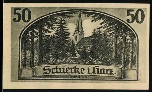 Notgeld Schierke i. Harz 1921, 50 Pfennig, Kirche und Goethes Silhouette im Wald