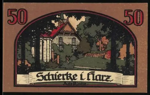 Notgeld Schierke i. Harz 1921, 50 Pfennig, Goethe-Silhouette und Landschaftsmotiv mit Figuren