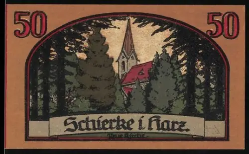 Notgeld Schierke i. Harz 1921, 50 Pfennig, Kirche und Goethe-Silhouette im Wald