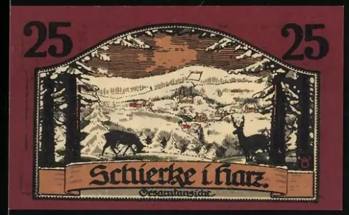 Notgeld Schierke i. Harz 1921, 25 Pfennig, Winterlandschaft und Goethe-Silhouette