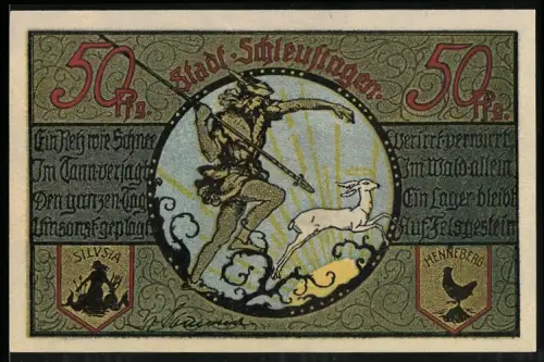 Notgeld Schleusingen 1921, 50 Pfennig, Waldmann mit Speer und Reh, Burgmotiv mit rotem Turmdach