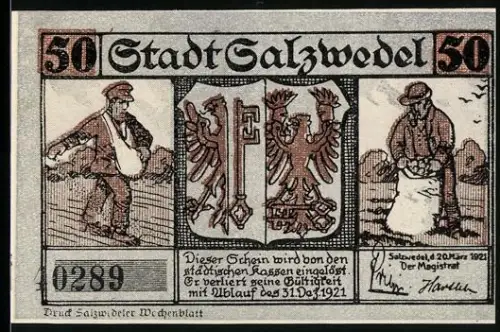 Notgeld Salzwedel 1921, 50 Pf., Bäcker mit Kuchen und Wappen mit Adler und Schlüssel
