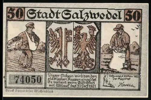 Notgeld Salzwedel 1921, 50 Pfennig, Arbeiter und Bäcker mit Torte, Wappen mit Adler