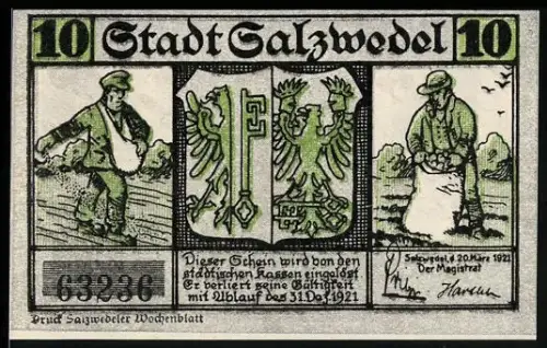 Notgeld Salzwedel 1921, 10 Pf., Bauer mit Sack, Adlerwappen, Burg und Landschaft