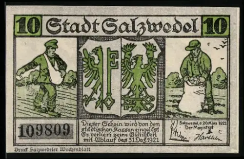 Notgeld Salzwedel 1921, 10 Pf., Arbeiter mit Säcken und Burgmotif, Wappen