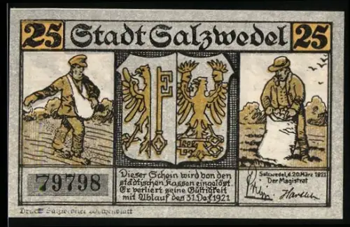 Notgeld Salzwedel 1921, 25 Pfennig, Bauern bei der Arbeit und Silberpfennig des Markgrafen Otto II