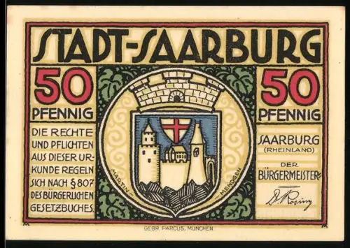 Notgeld Saarburg /Rheinland 1921, 50 Pfennig, Wappen und Weinmotive