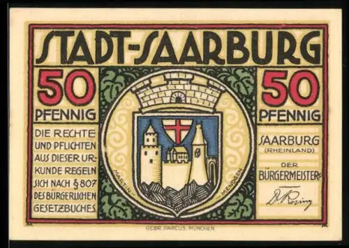Notgeld Saarburg /Rheinland 1921, 50 Pfennig, Stadtwappen und Glockenturm-Motiv