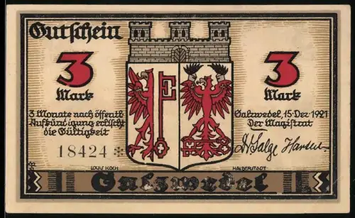 Notgeld Salzwedel 1921, 3 Mark, Ortsansicht und Wappen mit Adler und Schlüssel