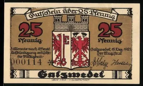 Notgeld Salzwedel 1921, 25 Pfennig, Stadtwappen und Neuperver Tor