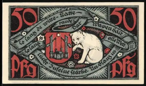 Notgeld Bad Salzuflen 1921, 50 Pfennig, weisse Katze und Porträt von Eduard Hoffmann
