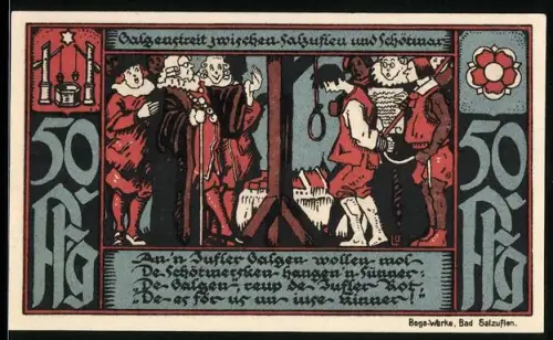 Notgeld Bad Salzuflen 1921, 50 Pfennig, mittelalterliche Szene und Stadtturm