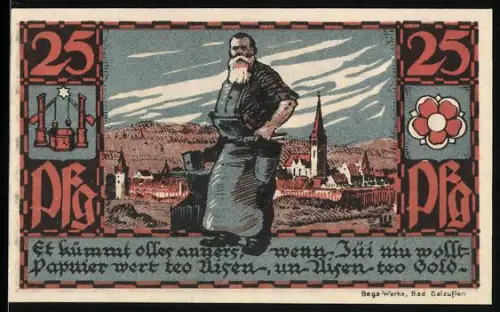 Notgeld Bad Salzuflen 1921, 25 Pfennig, Schmied vor Ortsansicht und historisches Gebäude