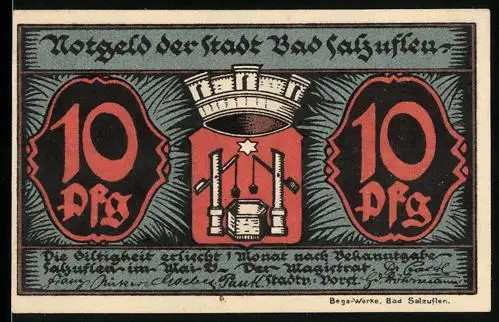Notgeld Bad Salzuflen 1921, 10 Pfennig, Stadtwappen und Leopold Sprudel mit Figuren