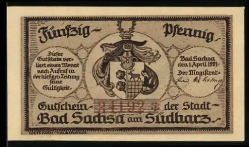 Notgeld Bad Sachsa am Südharz 1921, 50 Pfennig, Wappen und Landschaft mit Schmeltzteich, Katzenstein und Ravensberg