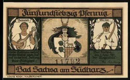 Notgeld Bad Sachsa am Südharz 1921, 75 Pfennig, Sommer und Winter, Landschaft mit Skifahrern und Reisenden