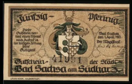 Notgeld Bad Sachsa am Südharz 1921, 50 Pfennig, Landschaft mit Katzenstein und Ravensberg, Wappen