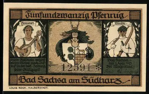 Notgeld Bad Sachsa am Südharz 1921, 25 Pfennig, Sommer- und Wintermotive mit Wappen, Wanderer in Landschaft