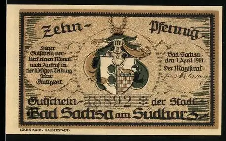 Notgeld Bad Sachsa am Südharz 1921, 10 Pfennig, Stadtwappen und Badehaus
