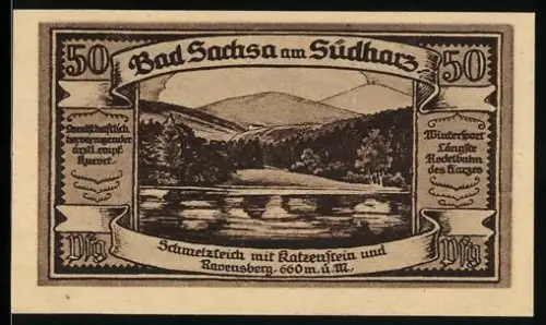 Notgeld Bad Sachsa am Südharz 1921, 50 Pfennig, Landschaft mit Katzenstein und Ravensberg, Wappen