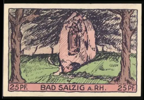 Notgeld Bad Salzig a. Rh. 1921, 25 Pf, Kapelle im Wald und Frau mit Traubenmotiv