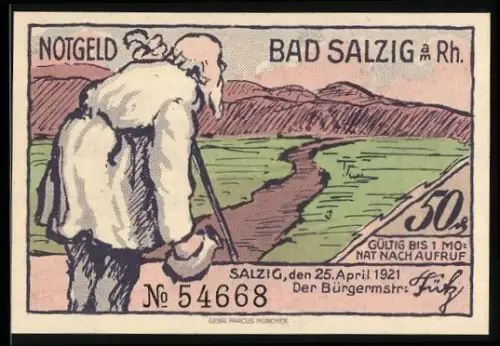 Notgeld Bad Salzig a. Rh. 1921, 50 Pf, alter Mann mit Stab und Flusslandschaft mit Burgruine