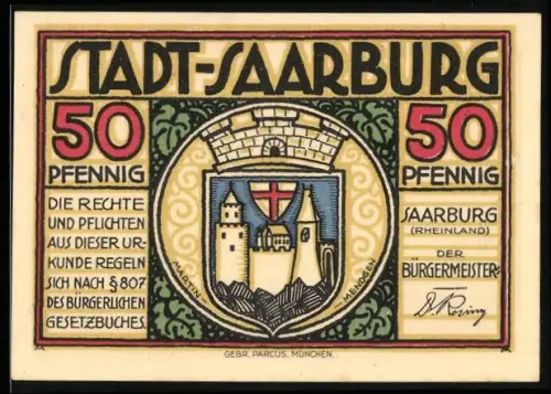 Notgeld Saarburg /Rheinland, 50 Pfennig, Ortsansicht mit Rittern und Zitat, Wappen mit Burgansicht