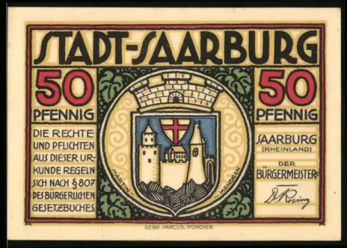 Notgeld Saarburg /Rheinland, 50 Pfennig, Burgenmotif und Landkarte der Umgebung