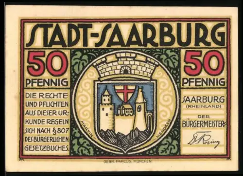 Notgeld Saarburg /Rheinland, 50 Pfennig, Stadtwappen und Handwerkszeichen