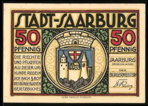 Notgeld Saarburg /Rheinland, 50 Pfennig, Stadtwappen und Felslandschaft mit Königsgraf