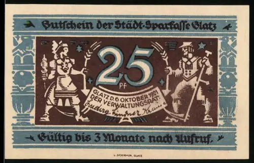 Notgeld Glatz 1921, 25 Pf, Schmied und Bergmann, Inschrift Sparsamkeit bringt Barschatz