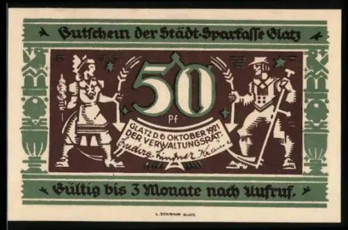 Notgeld Glatz 1921, 50 Pf, Figuren in Tracht und Slogan Sparschaft bringt Barschaft