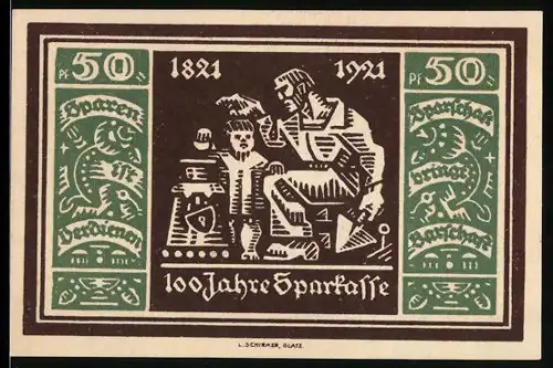 Notgeld Glatz 1921, 50 Pfennig, Jubiläum 100 Jahre Sparkasse mit Handwerker und Kind