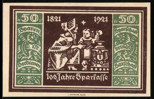 Notgeld Glatz 1921, 50 Pfennig, 100 Jahre Sparkasse, kindliche Motive