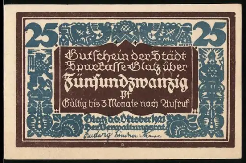 Notgeld Glatz 1921, 25 Pf, 100 Jahre Sparkasse, Schmied mit Kind und Amboss