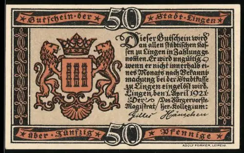 Notgeld Lingen 1921, 50 Pfennig, Stadtwappen und Belagerung der Stadt Lingen 1597