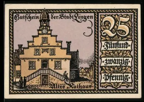 Notgeld Lingen 1921, 25 Pfennig, Altes Rathaus und Wappen mit Löwen
