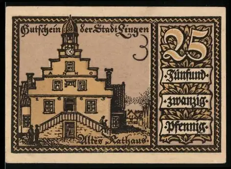 Notgeld Lingen 1921, 25 Pfennig, Altes Rathaus und Wappen mit Löwen