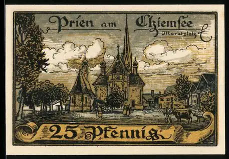 Notgeld Prien am Chiemsee 1920, 25 Pfennig, Marktplatz mit Kirche und Häusern