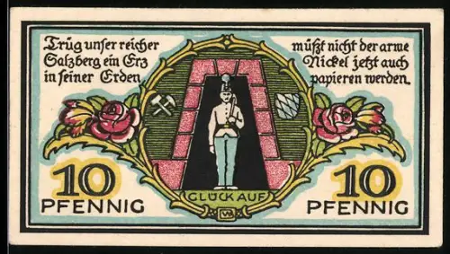 Notgeld Berchtesgaden 1920, 10 Pfennig, Bergmann mit Rosen und Edelweissblüten
