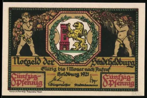 Notgeld Heldburg 1921, 50 Pfennig, Löwenwappen und Schlossansicht mit Ritterspruch