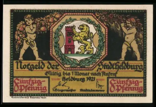 Notgeld Heldburg 1921, 50 Pfennig, Fachwerkhaus und Wappen mit Löwe und Turm