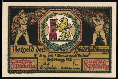Notgeld Heldburg 1921, 50 Pfennig, Wappen mit Löwe und Burgansicht auf Hügel