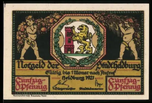 Notgeld Heldburg 1921, 50 Pfennig, Löwe und Turm, Ortsansicht mit Brunnen