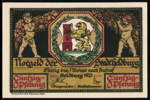 Notgeld Heldburg 1921, 50 Pfennig, Ortsansicht und Wappen mit Löwe und Turm